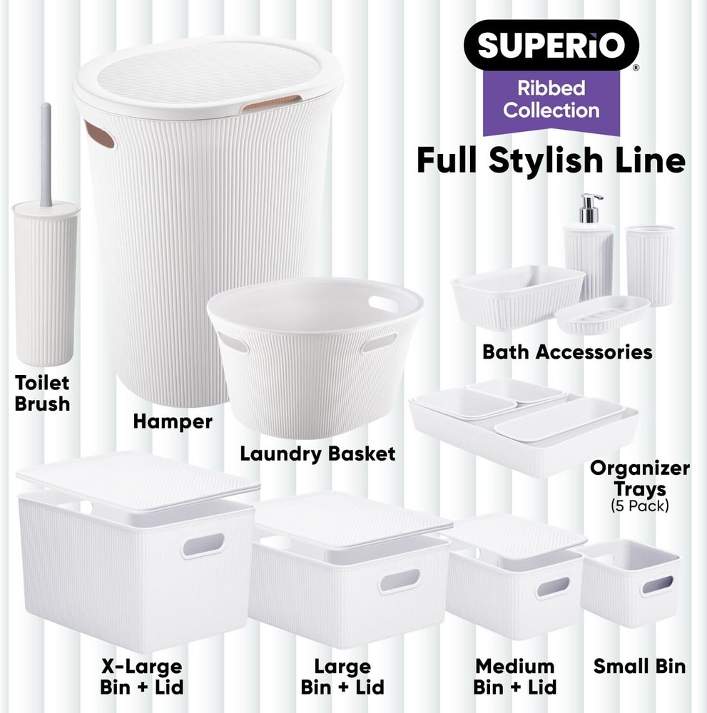 Superio Medium White Ribbed Storage Bin, Plastic Storage Basket (15 Liter)