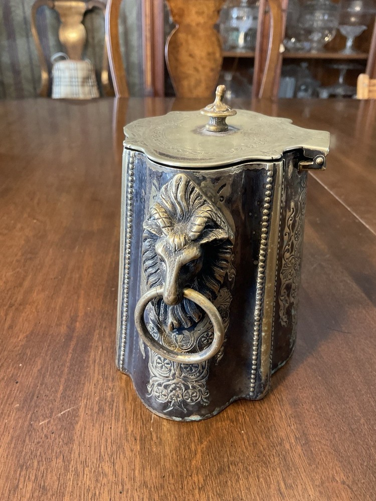 Antique Victorian Silverplate Silver Biscuit Tin / Tea Caddy Rams Head Etched