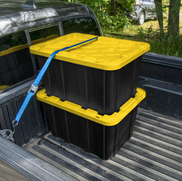 Sterilite 27 Gallon Storage Bin with Lid, Black/Yellow, 6 Pack
