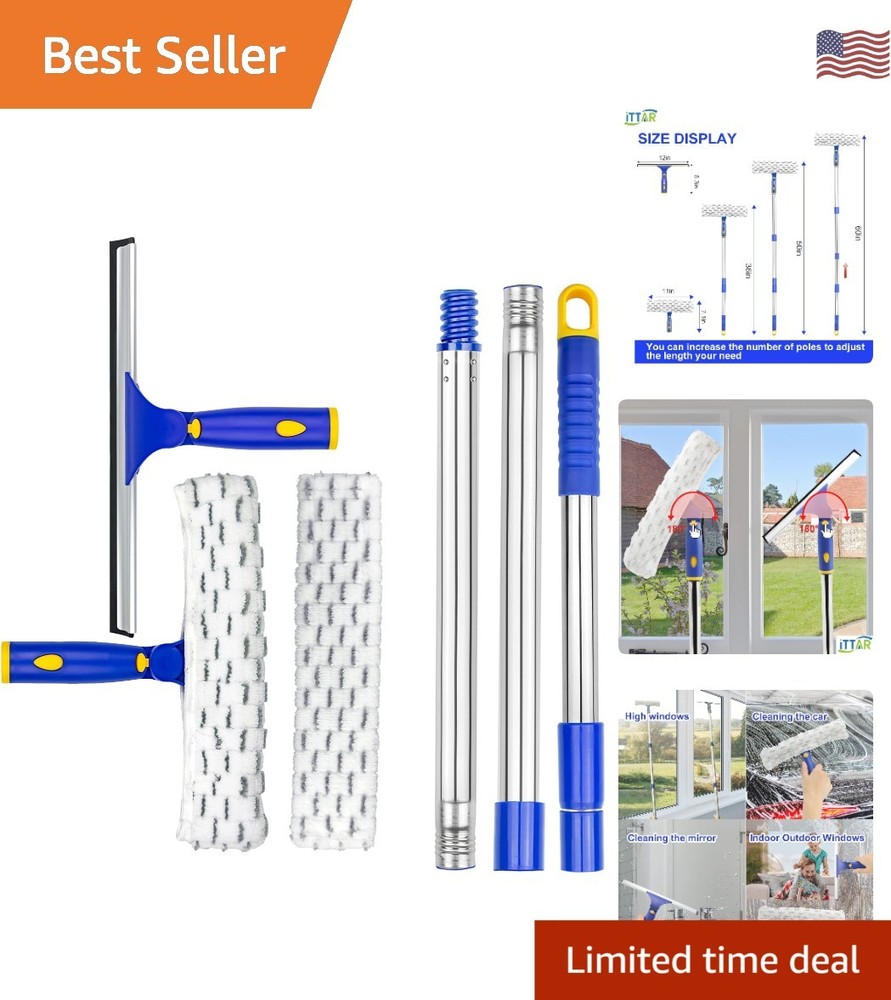 Window Cleaning Made Easy: 60" Extension Squeegee with Rubber Blade & Microfiber