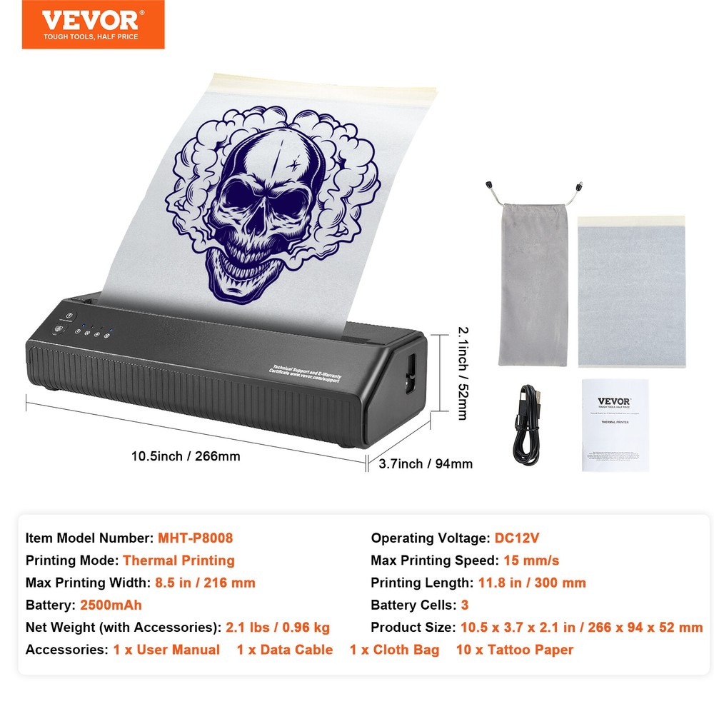VEVOR Tattoo Transfer Stencil Printer Wireless Bluetooth 10Pcs Transfer Paper
