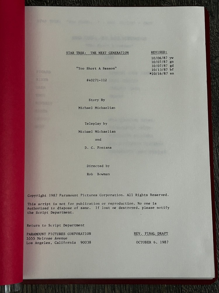 STAR TREK Script The Next Generation Too Short A Season Revised Final Draft 1987