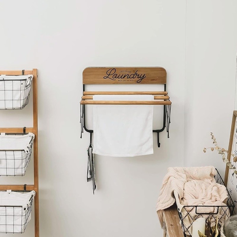 Wall Mount Foldable Clothes Drying Rack W/ Hooks Adjustable Rods Space Saver New