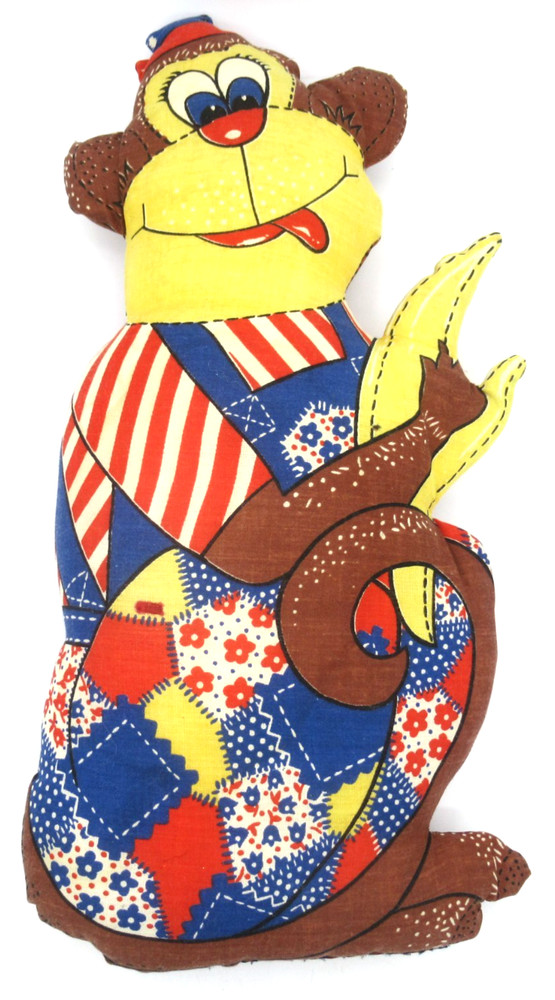 Vintage Cut Sew Patchwork Monkey Pillow 14" Stuffed Toy Doll Completed