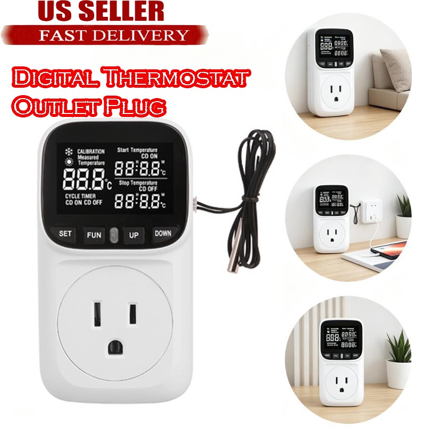 Digital Thermostat Outlet Plug Temperature Controller Heating Cooling w/ Sensor