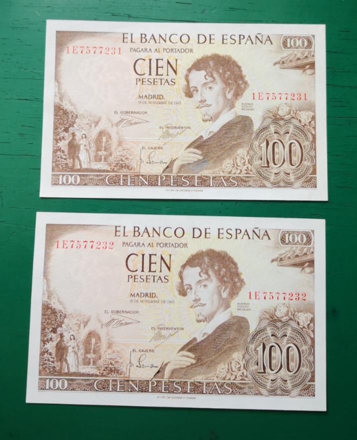 Spain 1965 2x 100 Pesetas Notes Consecutive Banknotes #721
