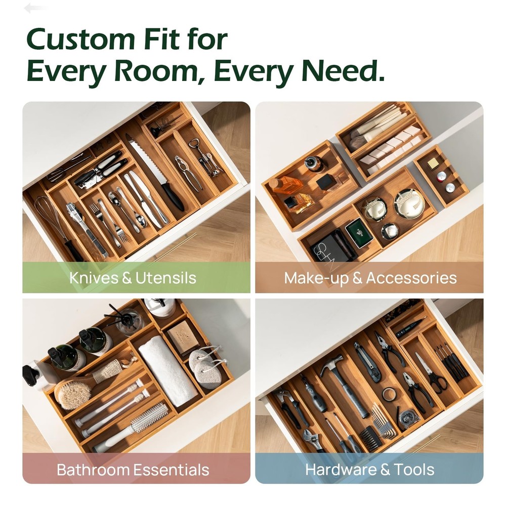 Carbonized Bamboo Kitchen Drawer Organizer, 8-10 Slots Expandable Silverware ...