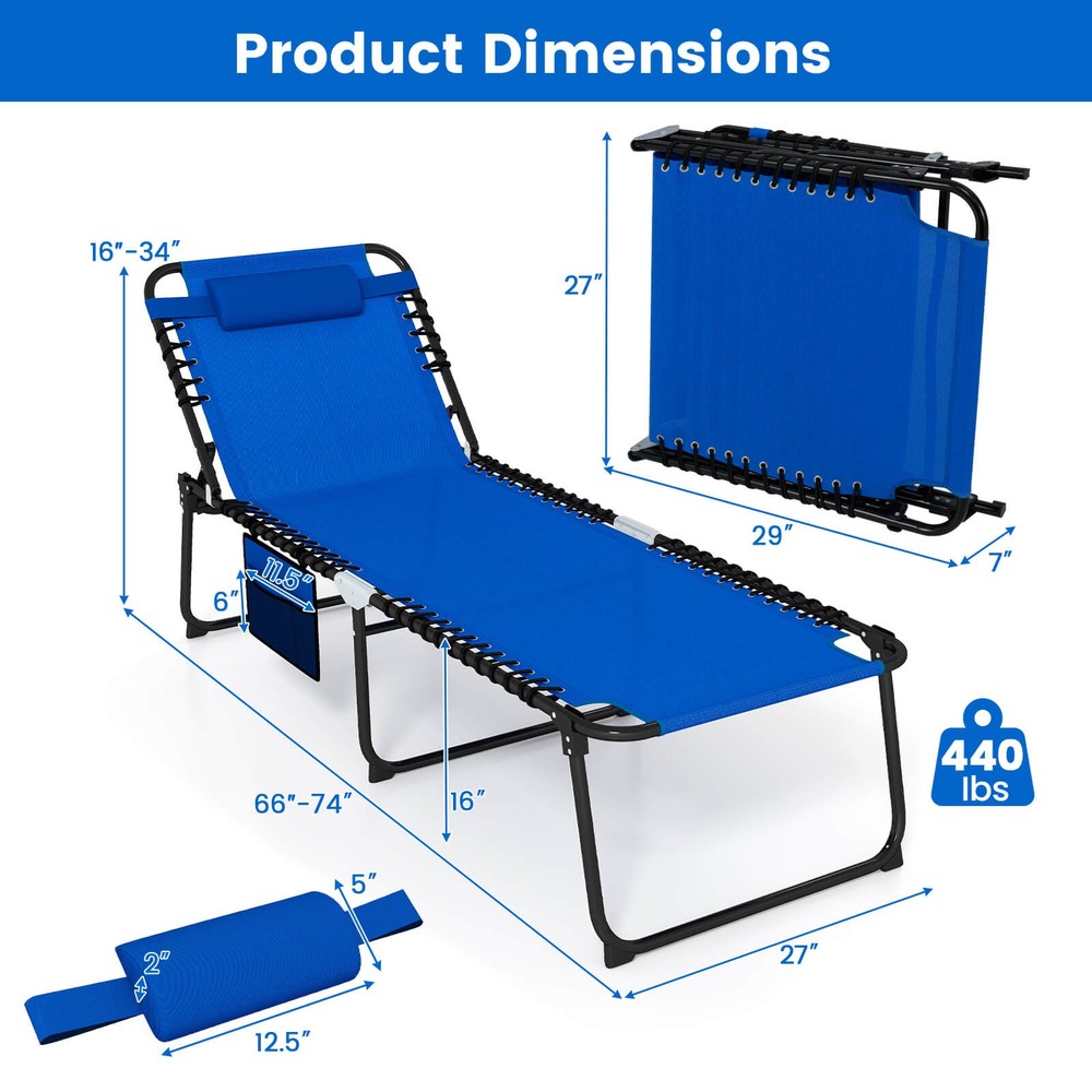 2PCS Oversize Folding Chaise Lounge w/ Adjustable Backrest Pillow Pocket