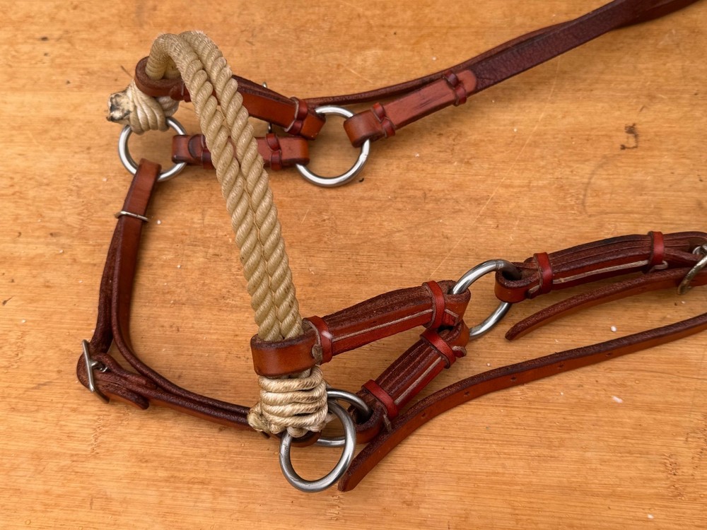 Double Rope Nose Leather SIDEPULL Horse Headstall ~ Training ~ Bitless