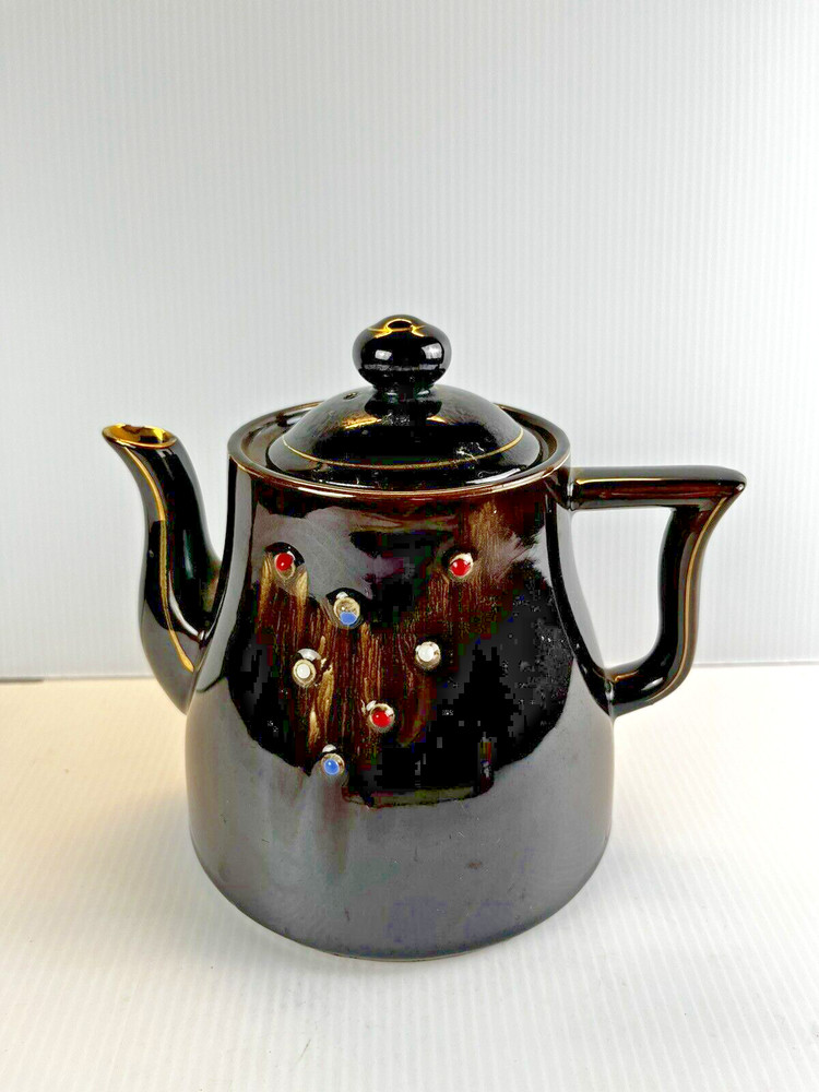 Redware Tea Pot Brown Drip Raised Dots Vintage