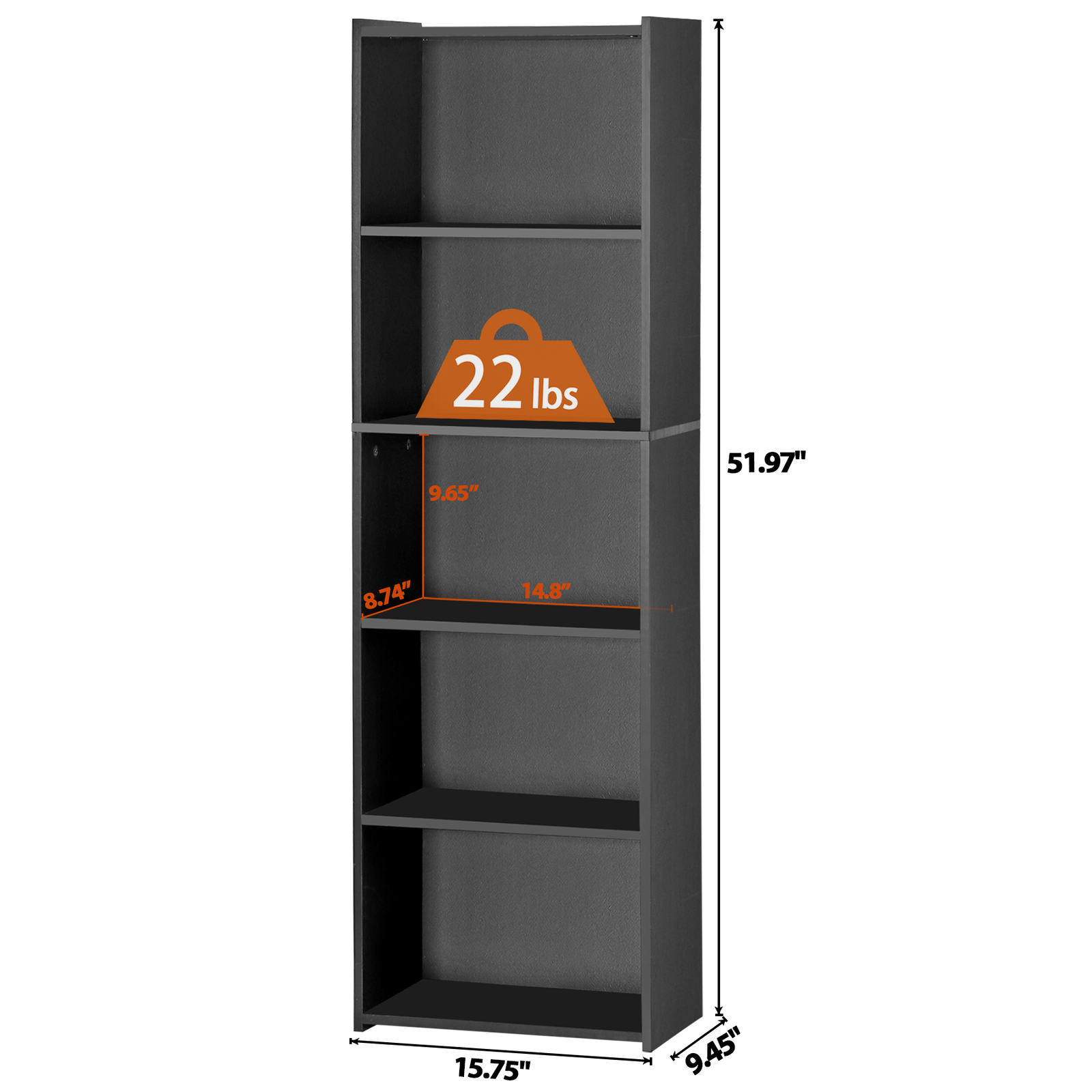 5-Tier Bookcase Freestanding Wood Open Bookshelf Storage Rack for Bedroom Black