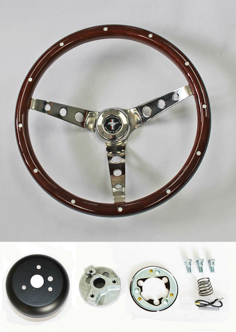 65-69 Mustang Wood Steering Wheel Mustang Cap 15" High Gloss Finish w/ Rivets