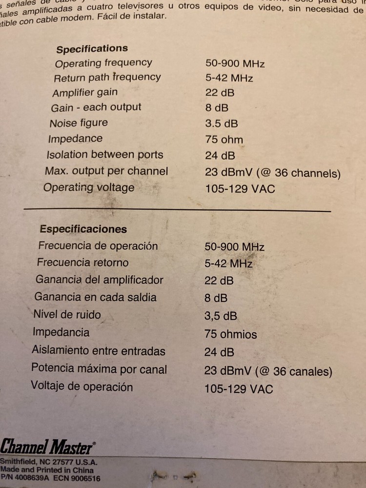 Channel Master 4-Set Indoor Distribution Amplifier Model 3044 w Return Path