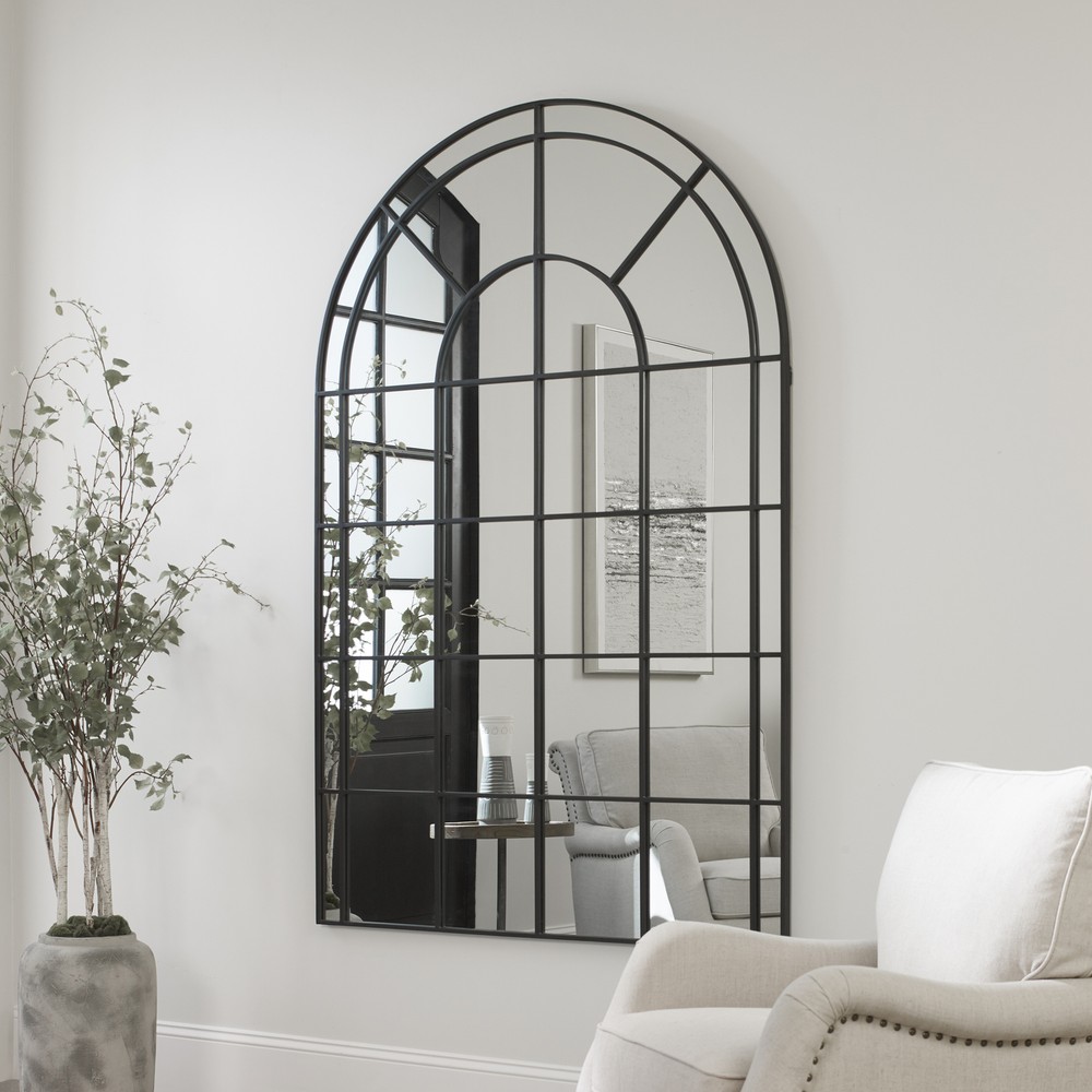 Classic Window Arch Oversize Wall Mirror XL 72 in Black Frame Dramatic Divided
