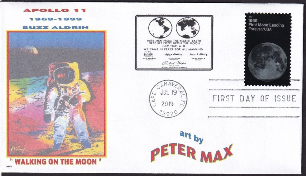 PETER MAX  APOLLO 11   WALKING ON THE MOON    BUZZ ALDRIN   FDC - DWc