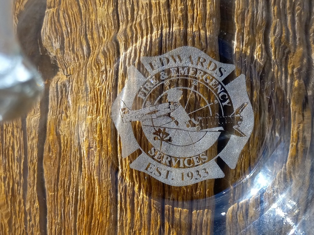 Edwards AFB Fire & Emergency Services glass w/axe embedded