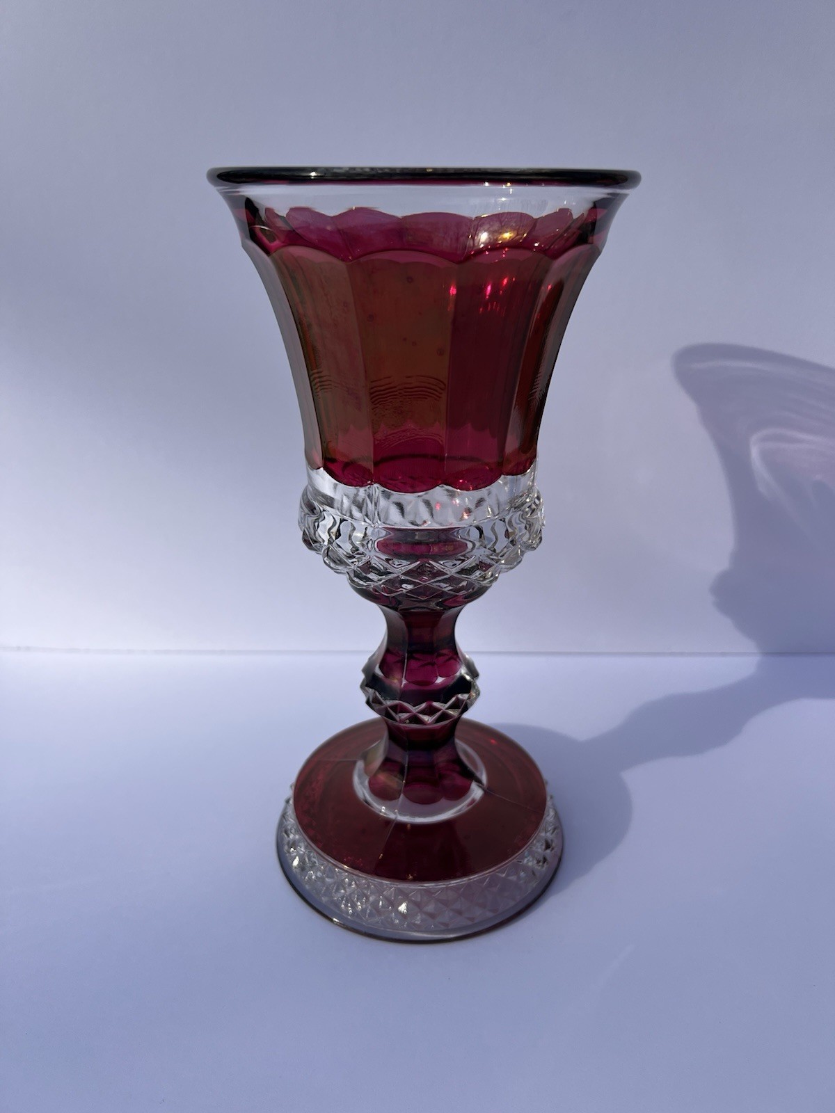 Antique 1890’s Victorian Ruby Flash EAPG 12 Panel Pedestal Celery Vase 10”