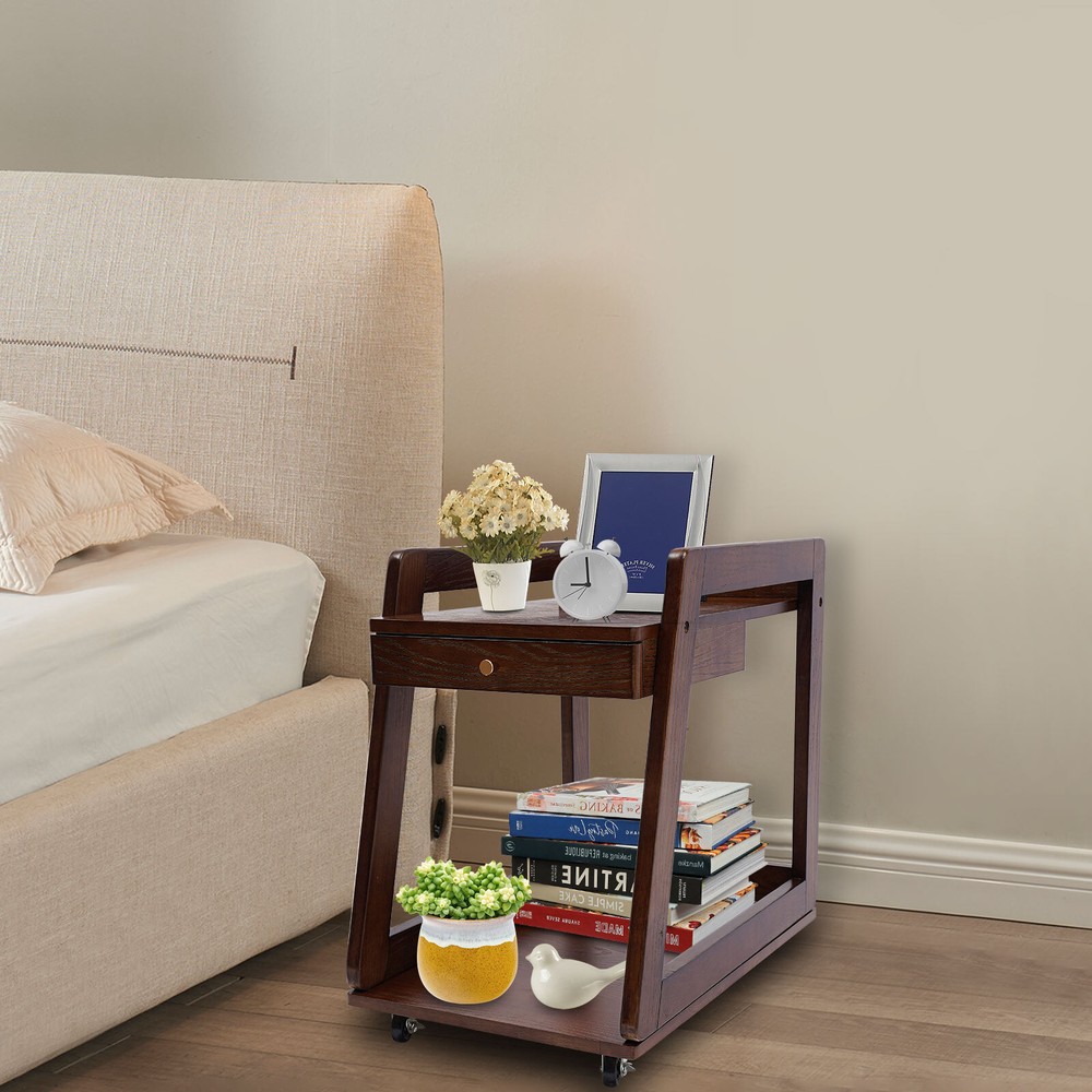 Retro Trapezoidal Wood End Table, 2 Tiers Side Table, Floor Standing Couch Table