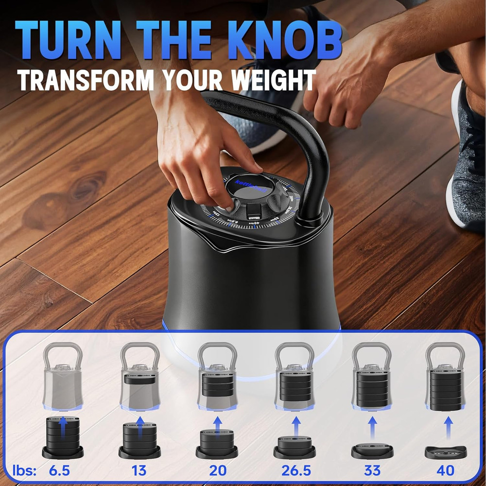 Adjustable Kettlebell，6-In-1 Quick Change Adjustable Kettlebell Set (6.5-40 LBS)