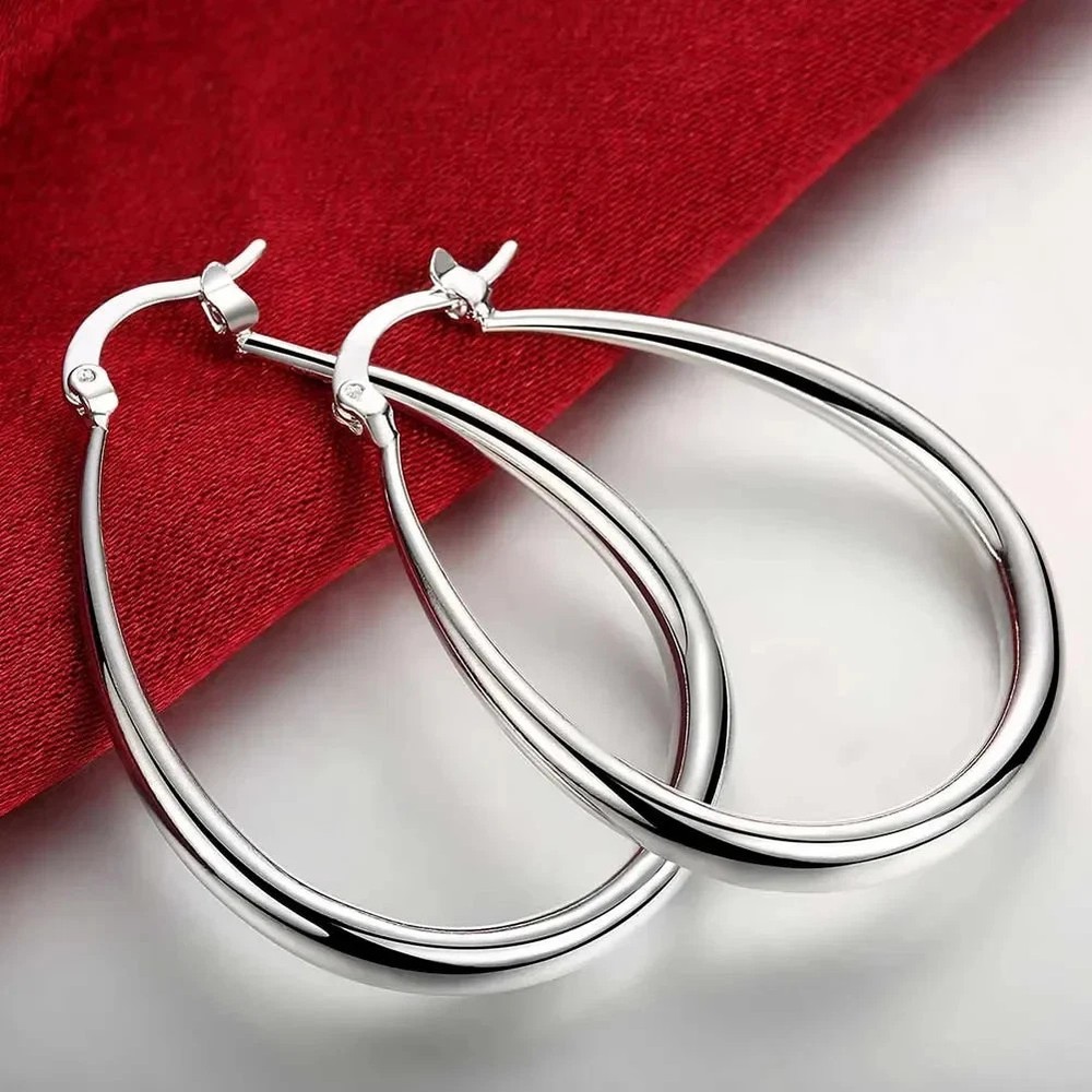Womens 925 Sterling Solid Silver Elegant Oval Shaped Extra Large Hoop Earrings