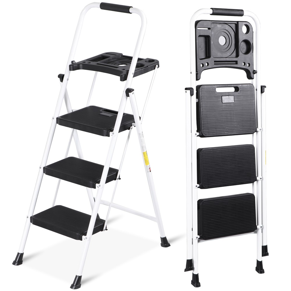 3 Step Ladder with Tool Platform Folding Step Stool with Anti-Slip Pedal White