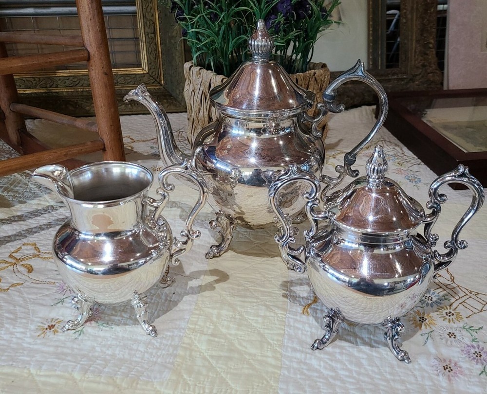 VINTAGE 3-PIECE TEA SET 1900's BIRMINGHAM SILVER CO. (BSC) SILVER COPPER