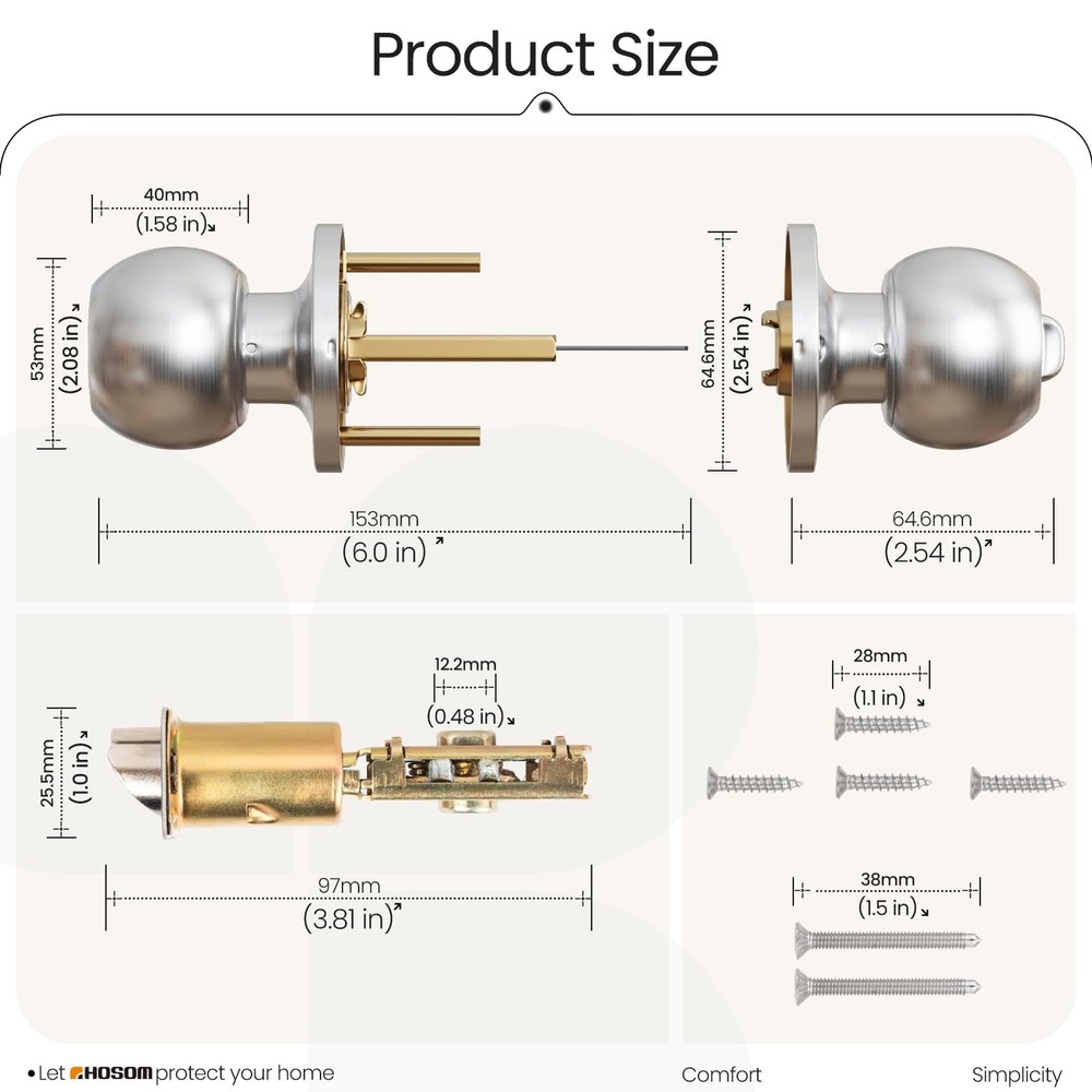 HOSOM Privacy Door Knob with Lock, Interior Knobs 1 Pack, Satin Nickel