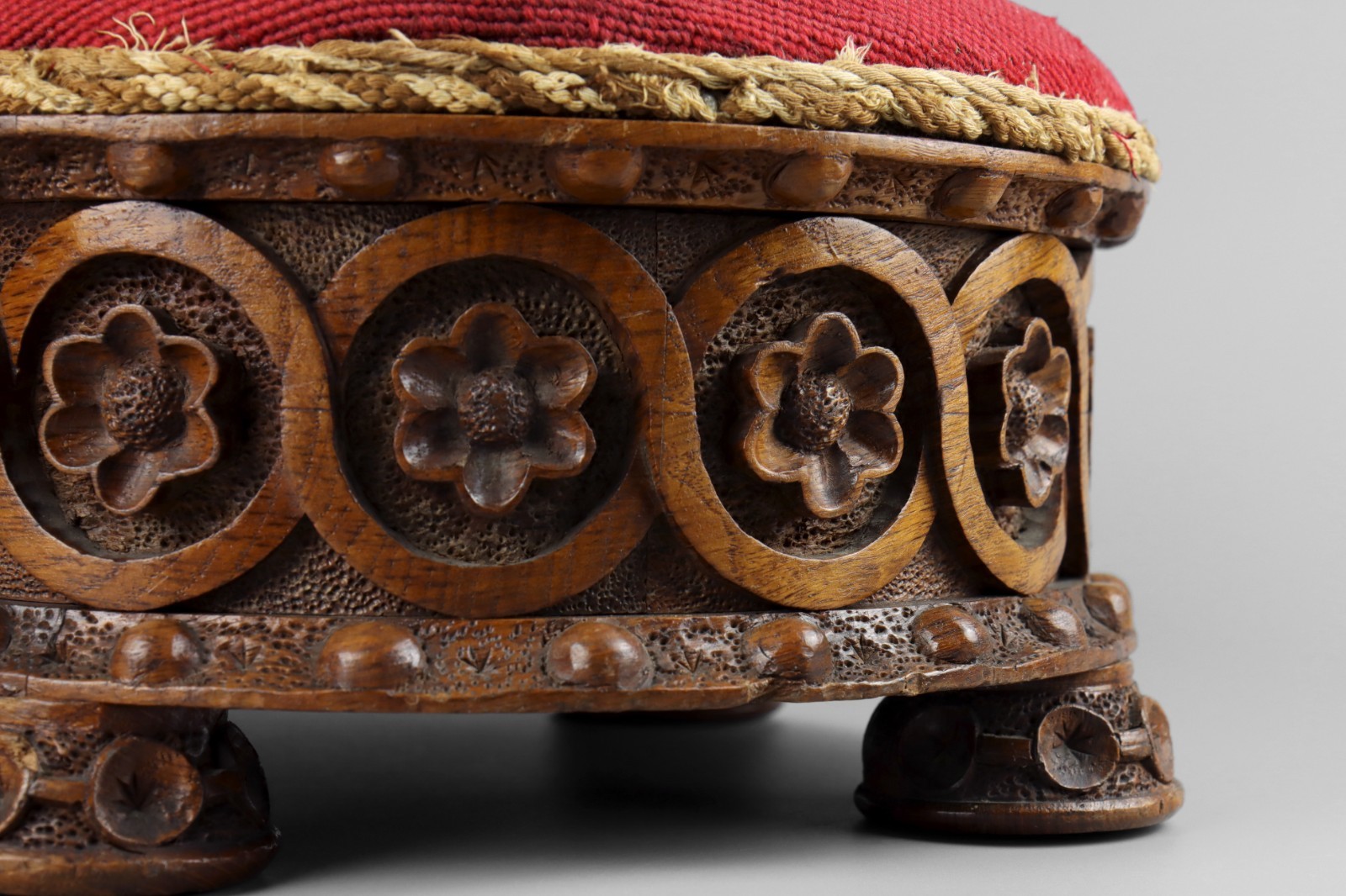 Antique 19th Century Ecclesiastical Gothic Carved Wood Oak Beaded Footstool