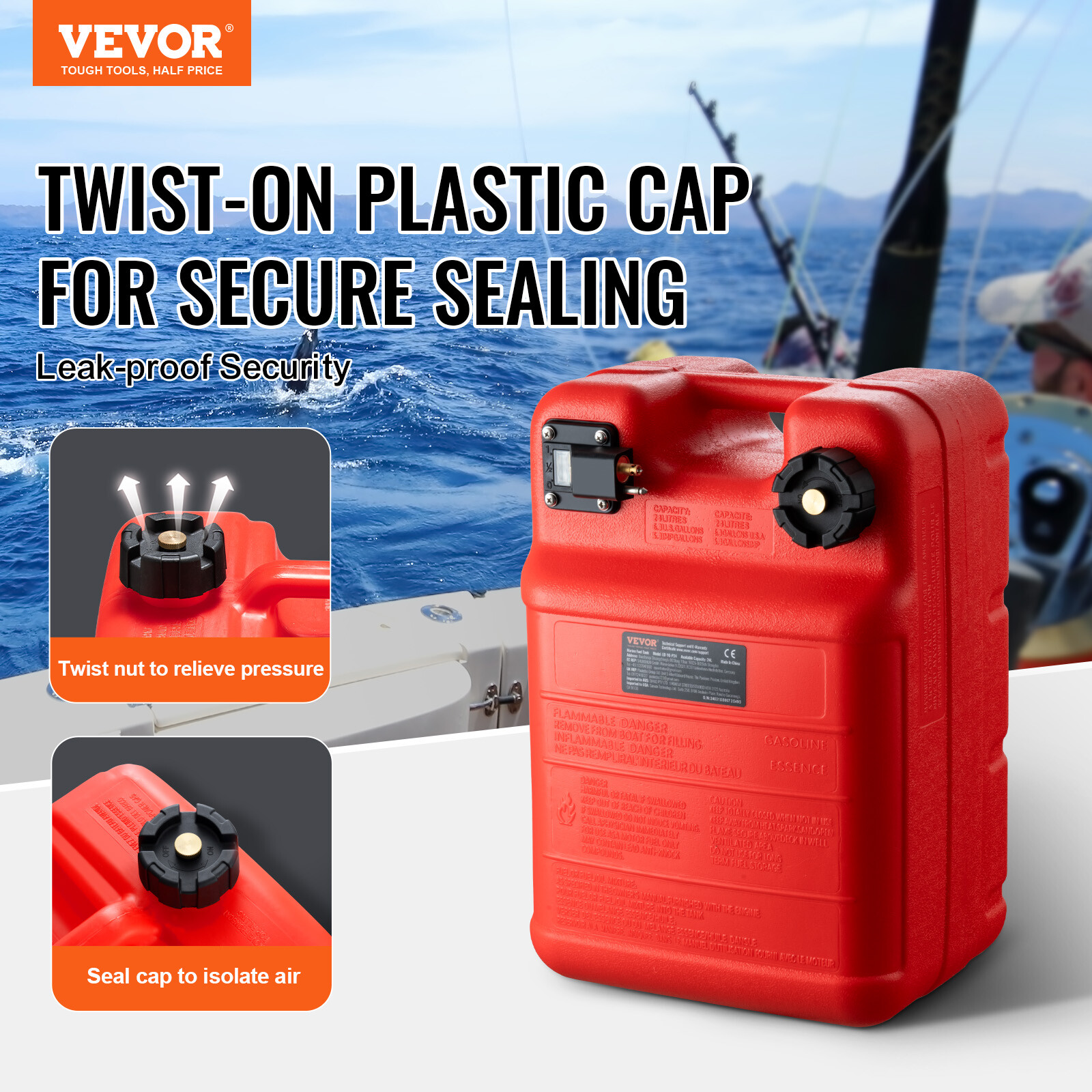 VEVOR Boat Fuel Tank Portable Marine Outboard Gas Tank 6.34 Gallon/24L with Hose