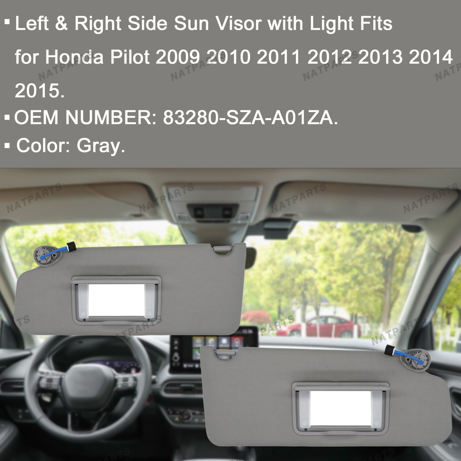 Pair Gray Side Sun Visor w/ Light for Honda Pilot 2009-2015 LH RH83280-SZA-A01ZA