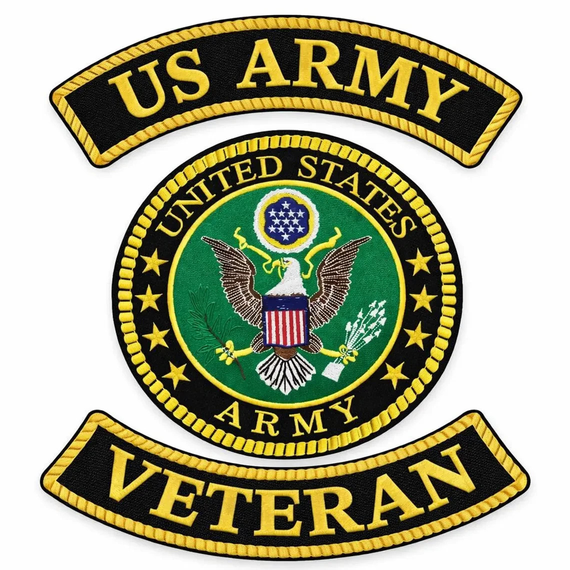 US Army Veteran Gold Green 3 Piece Back Patch Set Large Rocker Patches