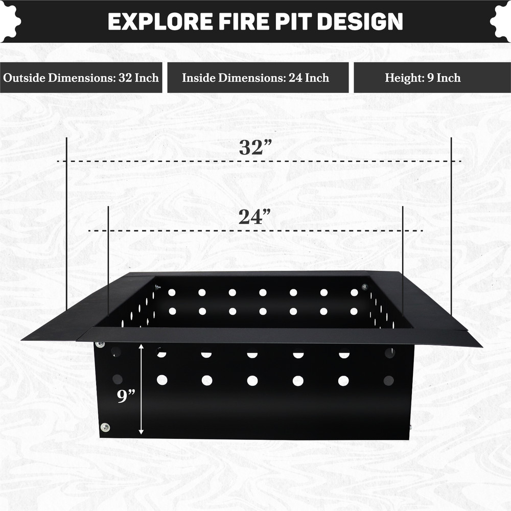 FEBTECH Square Smokeless Fire Pit Insert – 32" Square Portable Carbon Steel