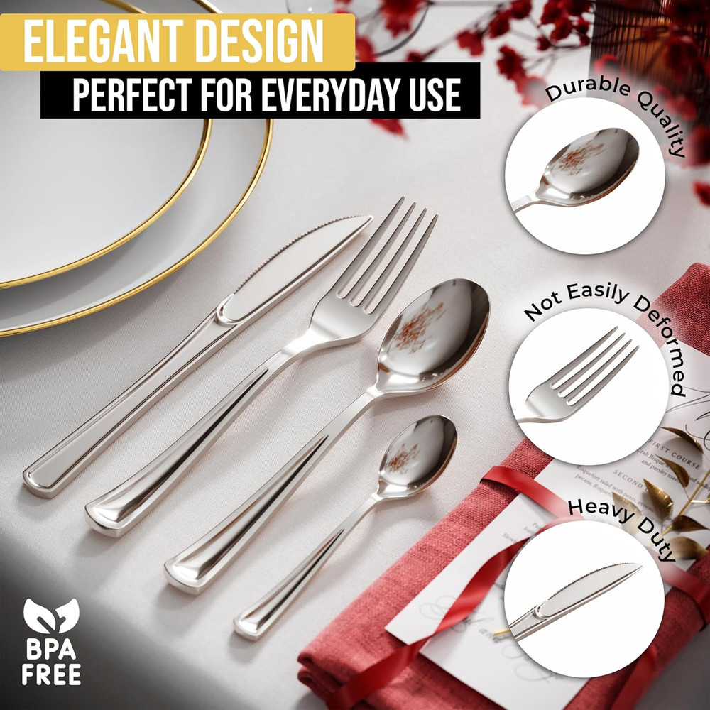 Exquisite Silver Plastic Spoons Heavy Duty 120 Pieces Silver Plastic Silverware