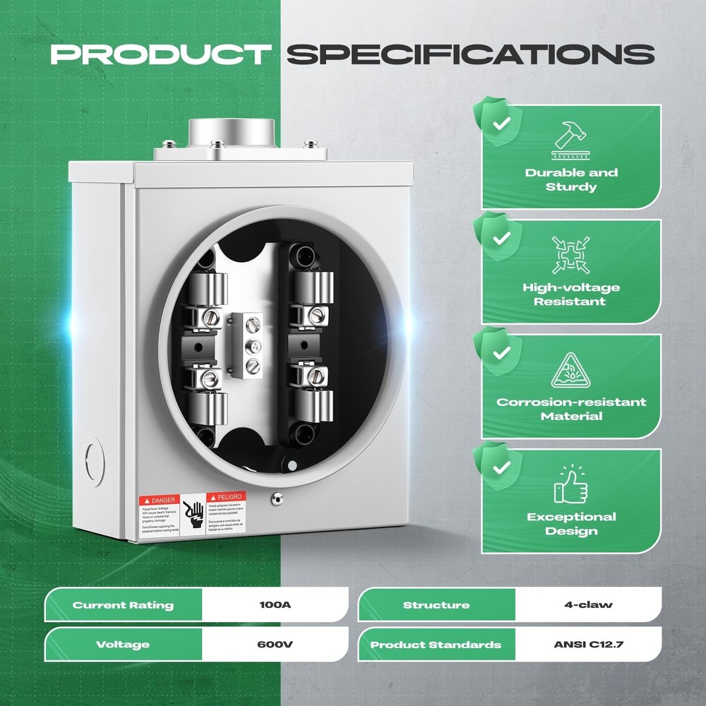 Meter Socket 100 Amp, 4-Jaw Meter Base Meter Socket 600V Single Phase 3-Wire ...