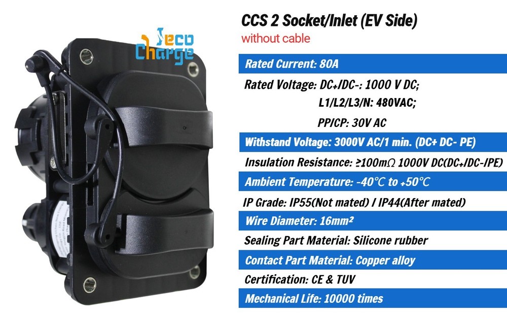 CCS2 EV Charging Inlet Port/Socket (EV Side), 80A 1000VDC Max, Without cable