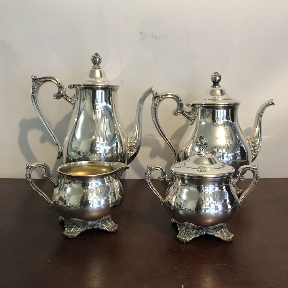 VTG Silverplate Coffee & Tea Set 4 Pieces Wm Rogers & Sons Victorian Rose 1902