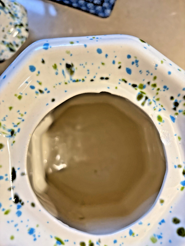 Vtg Handpainted White With Blue & Green Splatterware Glazed Pitcher & Container