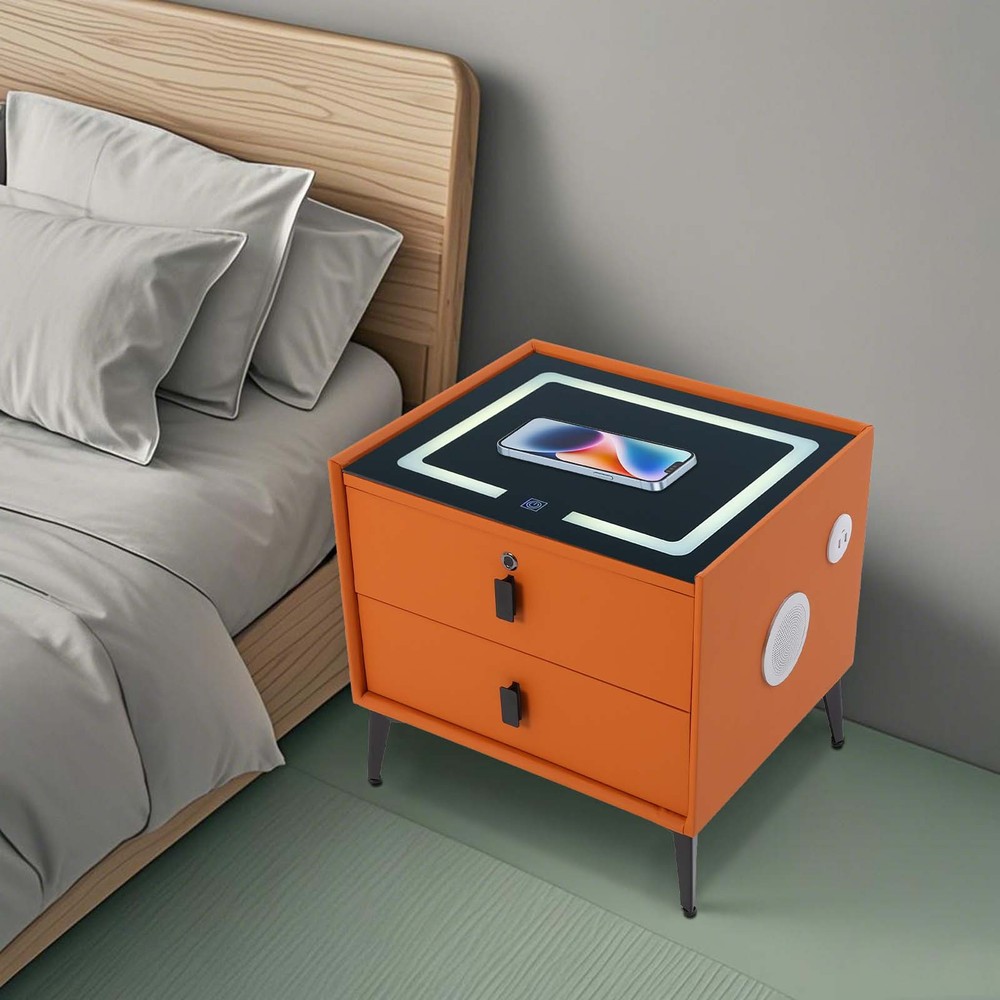 Bedside Table Bluetooth Speaker Smart Nightstand w/ Light USB&Wireless Charging
