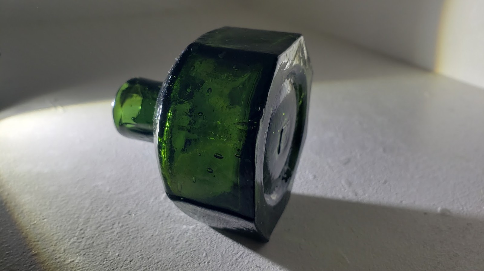 Deep Green Octagonal Ink Bottle Rolled Lip Multi Sided
