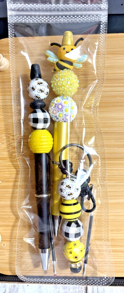 HAND MADE BEAD PENS & BEAD KEY CHAIN - & INK REFILLS- BEE-