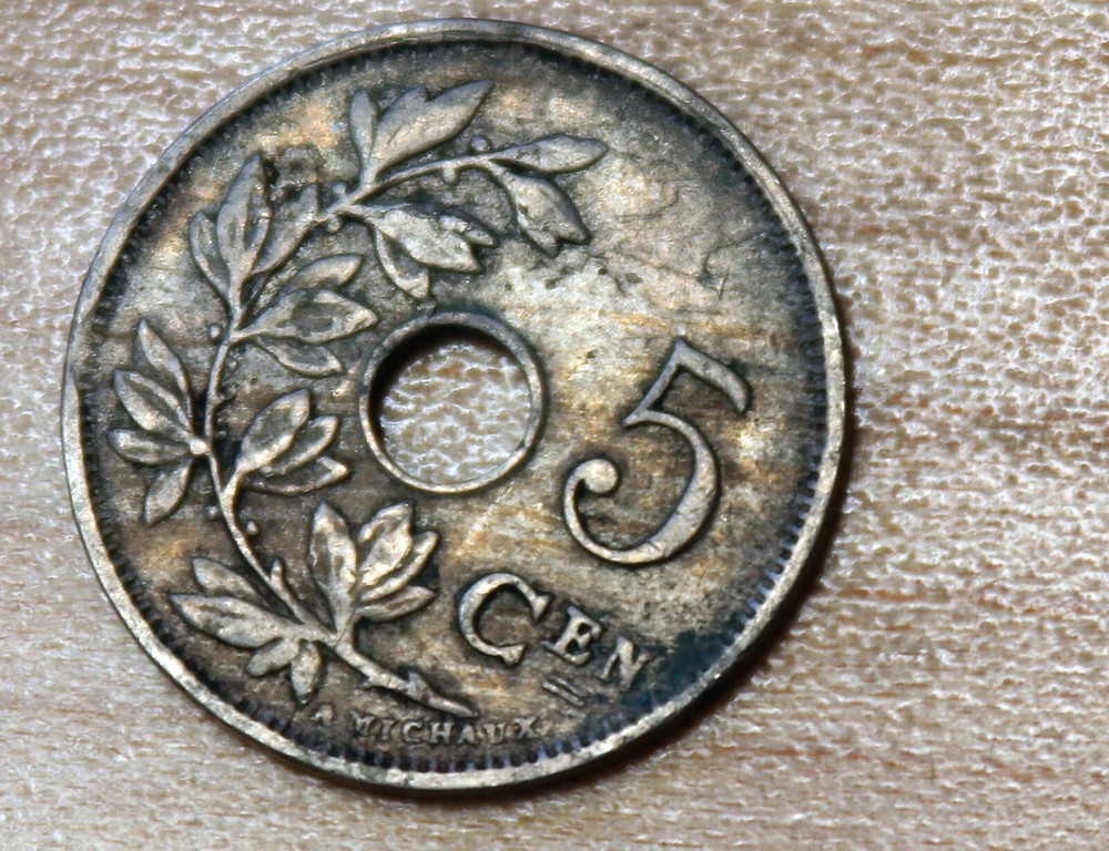 1922 Belgium 5 Centimes Dutch text Clip, Lamination Errors
