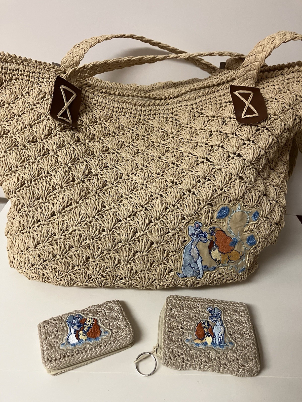 VINTAGE Disney Lady & the Tramp Woven Straw Tote Wallet Card Coin Case Lot EUC