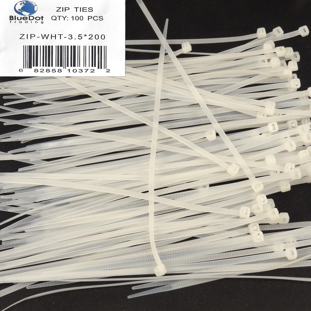 100 8" 3.5x200mm Nylon Plastic Wire Cable Ties Zip Wrap Loop Self Locking WHITE