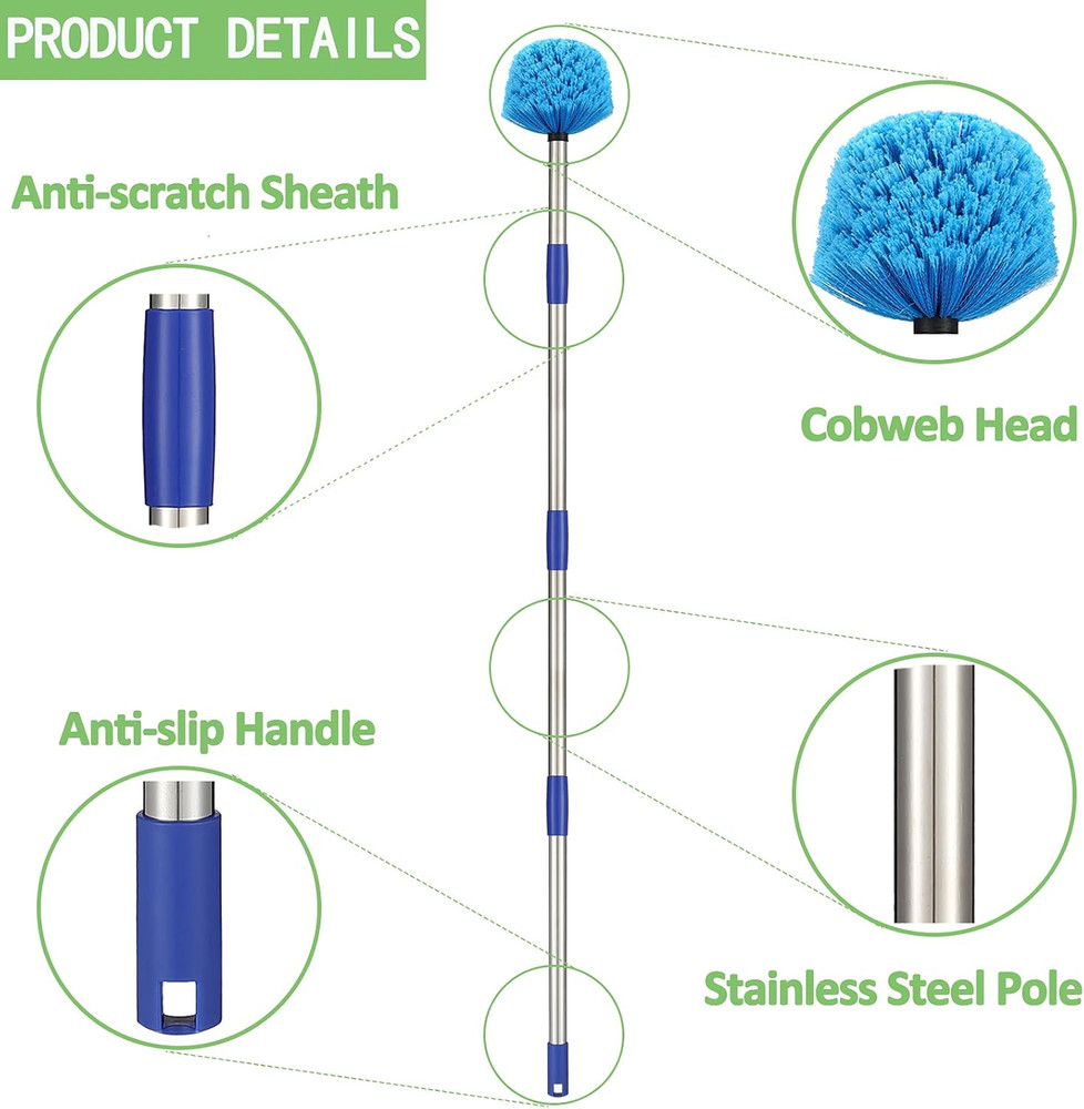Duster, Cobweb Duster with Extension Pole, Medium Stiff Bristles Cobweb Duster H