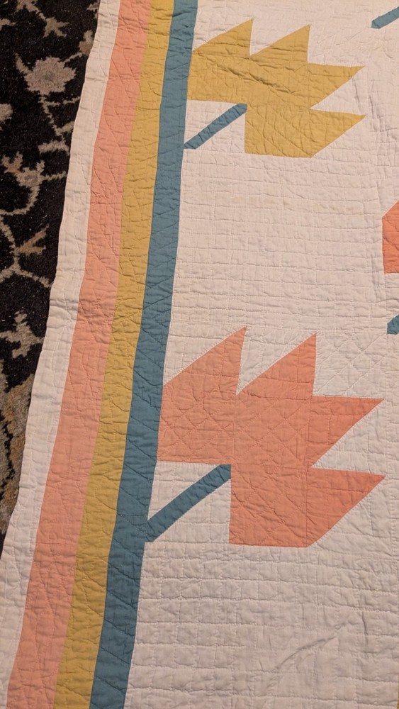 Antique Old Hand Stitched Multicolor Textile Maple Leaf Quilt 72"