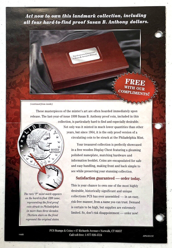 Susan B. Anthony Coins, The Complete Uncirculated Collection Includes 1999 Proof