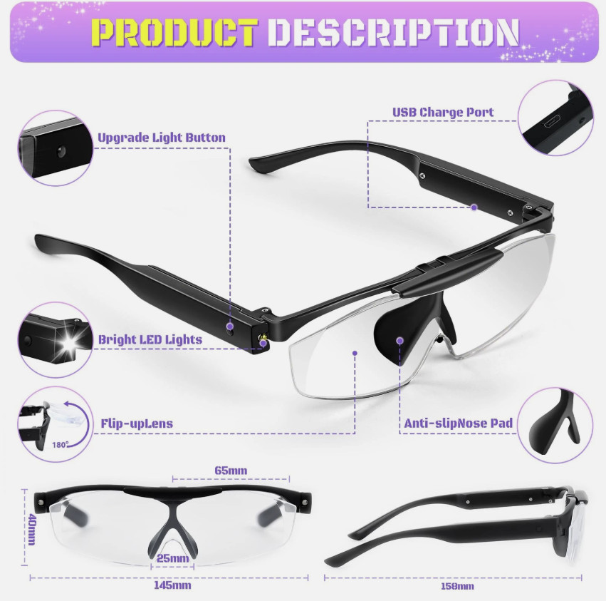 250% Magnifying Glass with Light, Rechargeable Head Magnifier Glasses with Li...