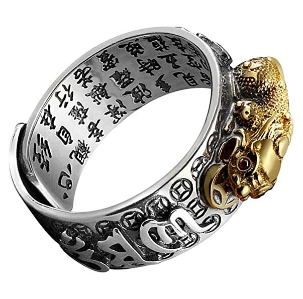 Silver Feng Shui Pixiu Adjustable Ring MANI Mantra Protection Wealth Ring USA