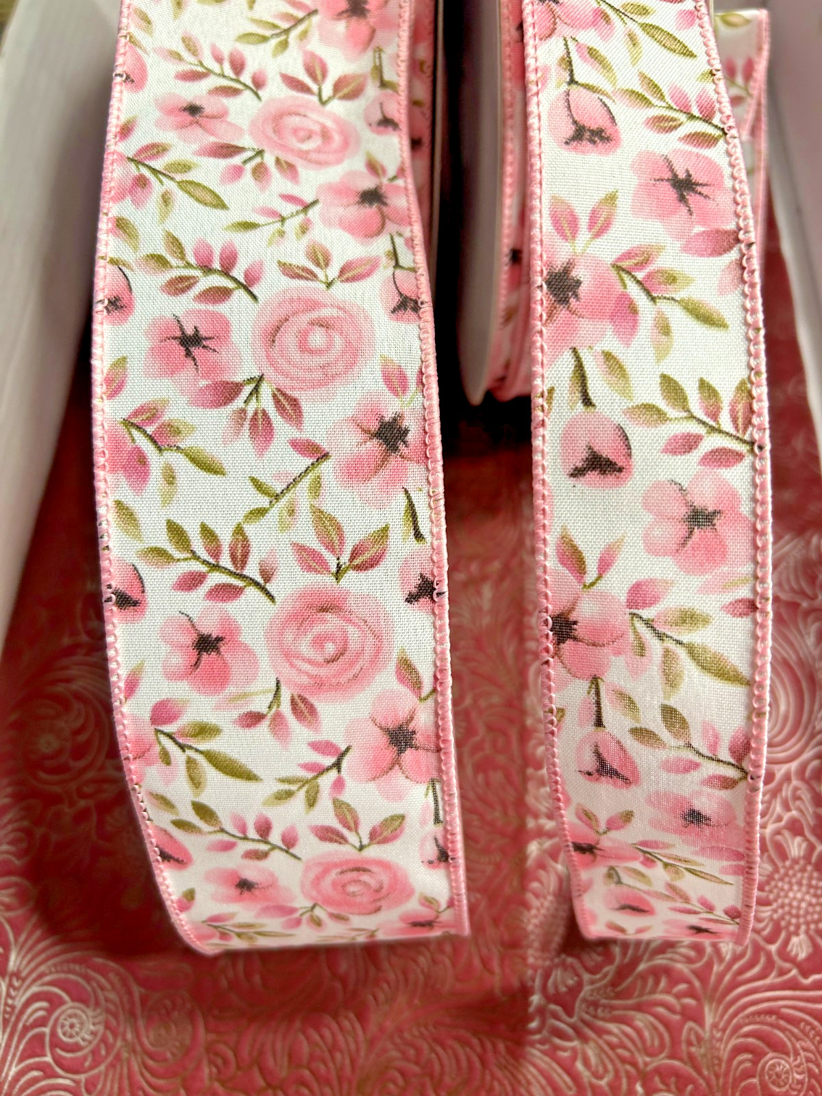 Pink Roses Floral Satin Wired Ribbon 1.5" & 2.5" Wide 10 Yards Ivory Background