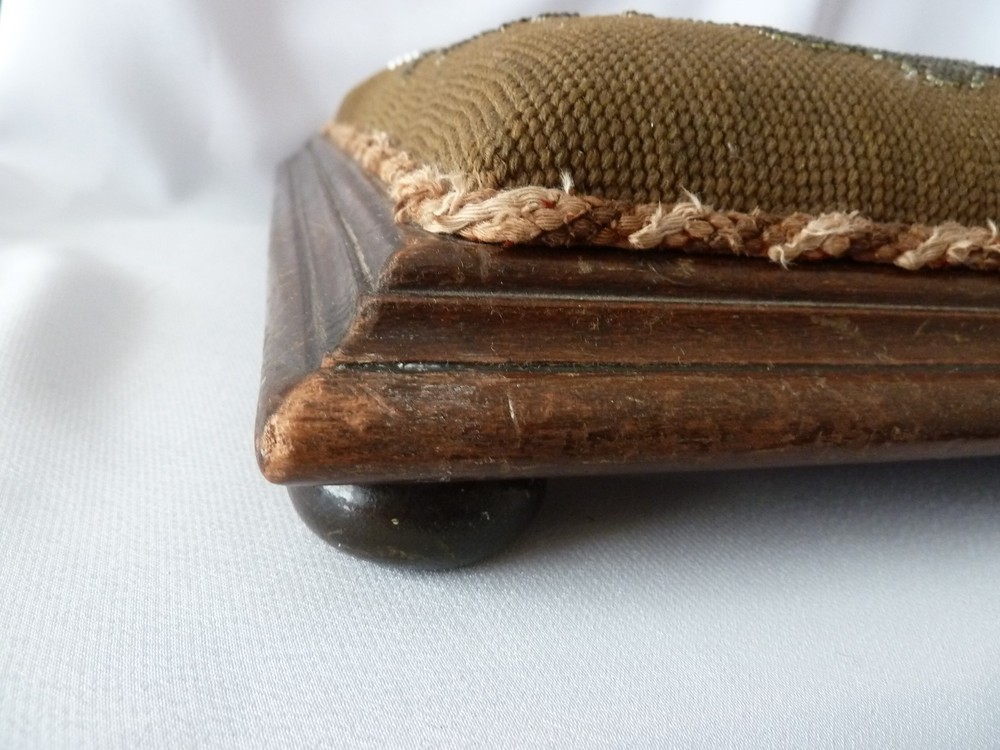 Antique Foot Rest with Original Needlepoint & Berlin Work Beaded Cover 30cm Side
